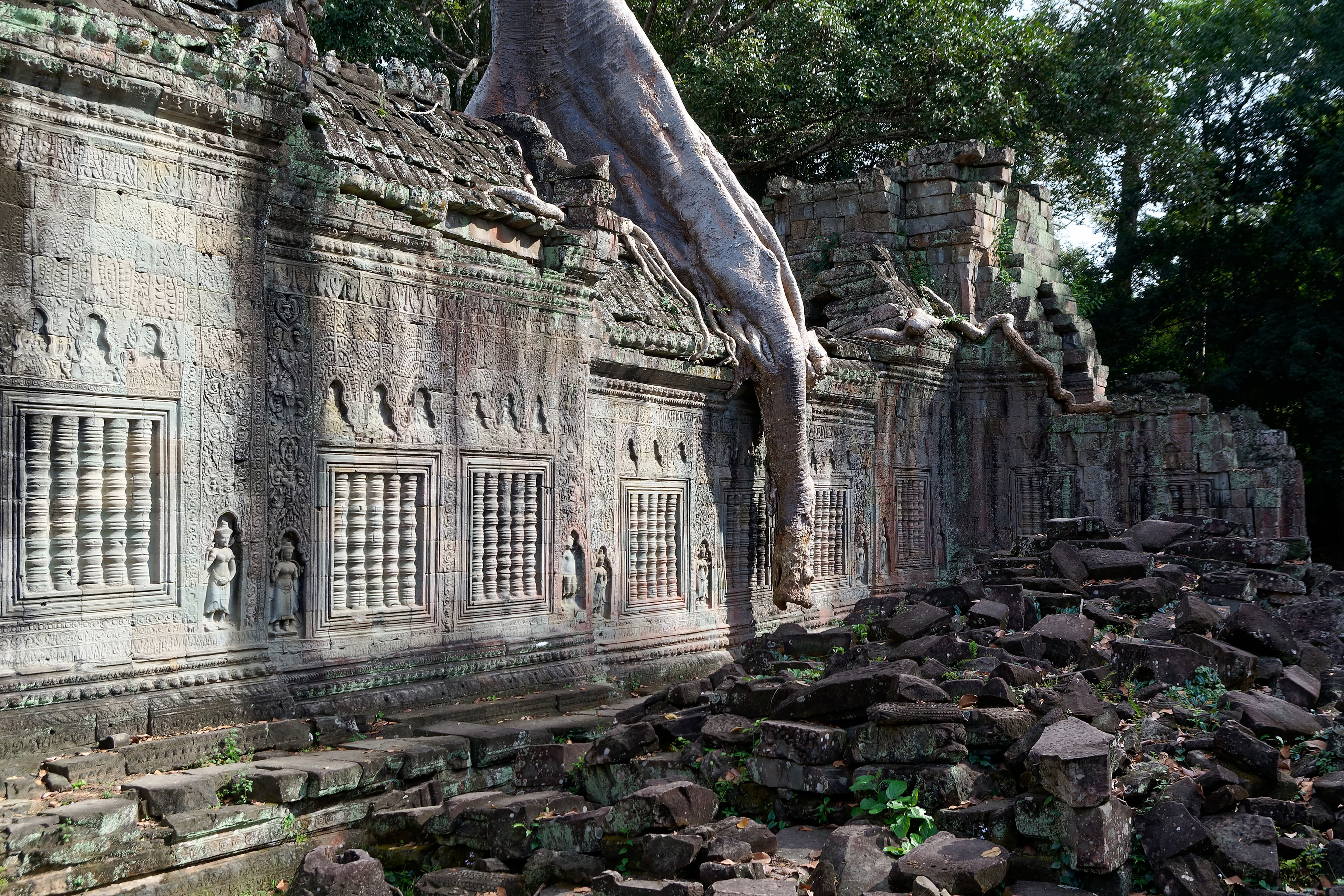 Crisp stone corridor and carvings at Preah Khan, Angkor, Cambodia