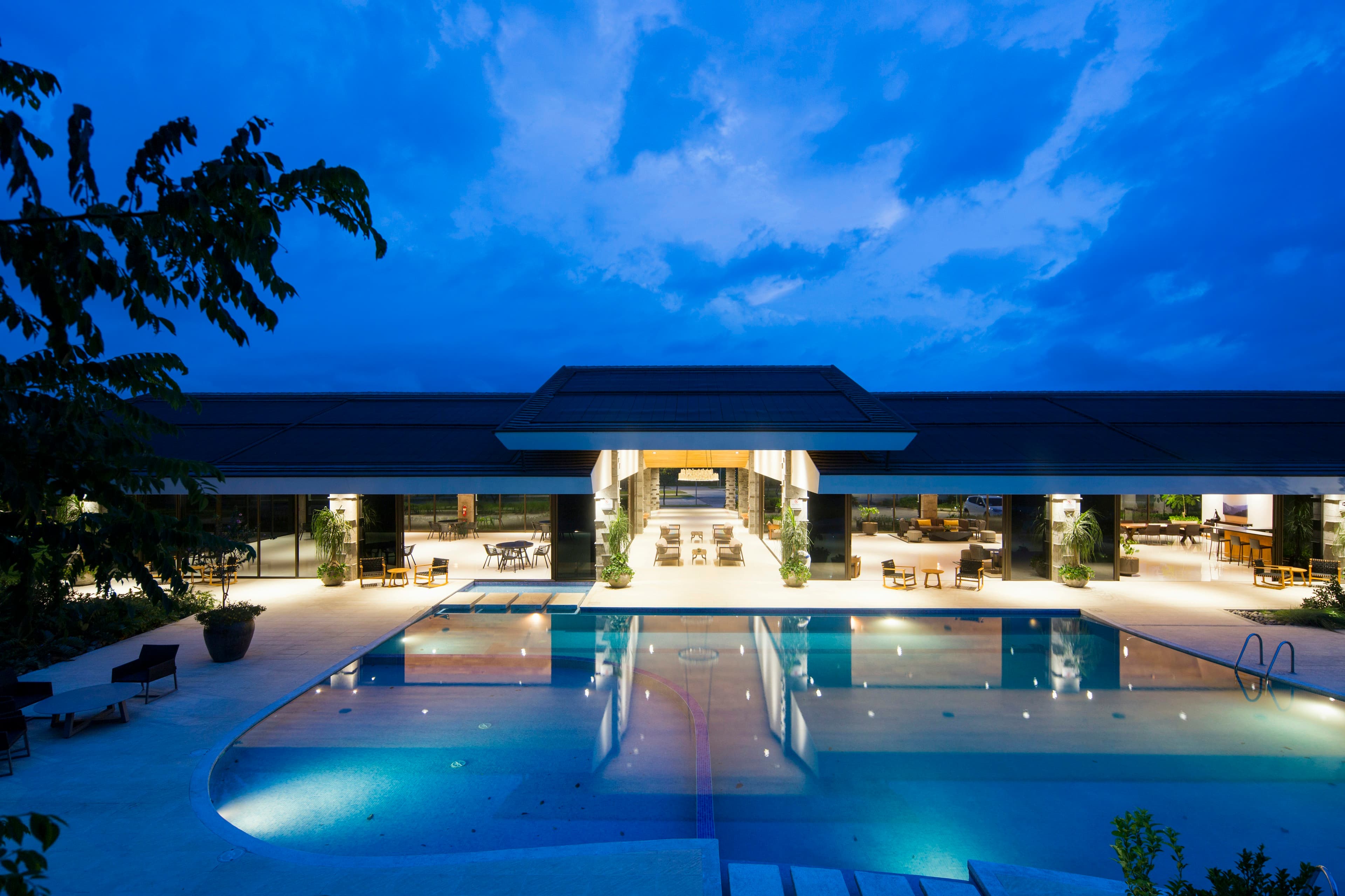 Refined resort pool with tropical palms and calm luxury seating