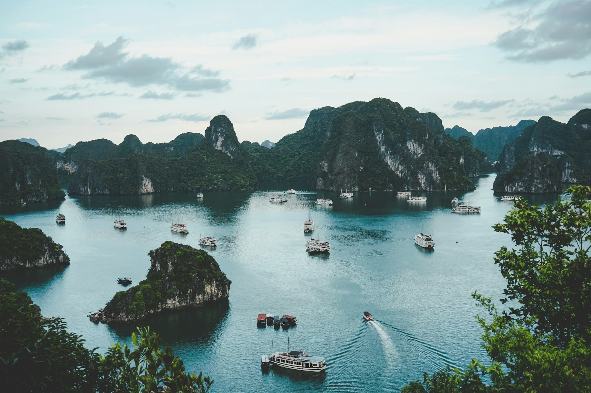 Ha Long Bay limestone karsts and luxury cruise routes in northern Vietnam