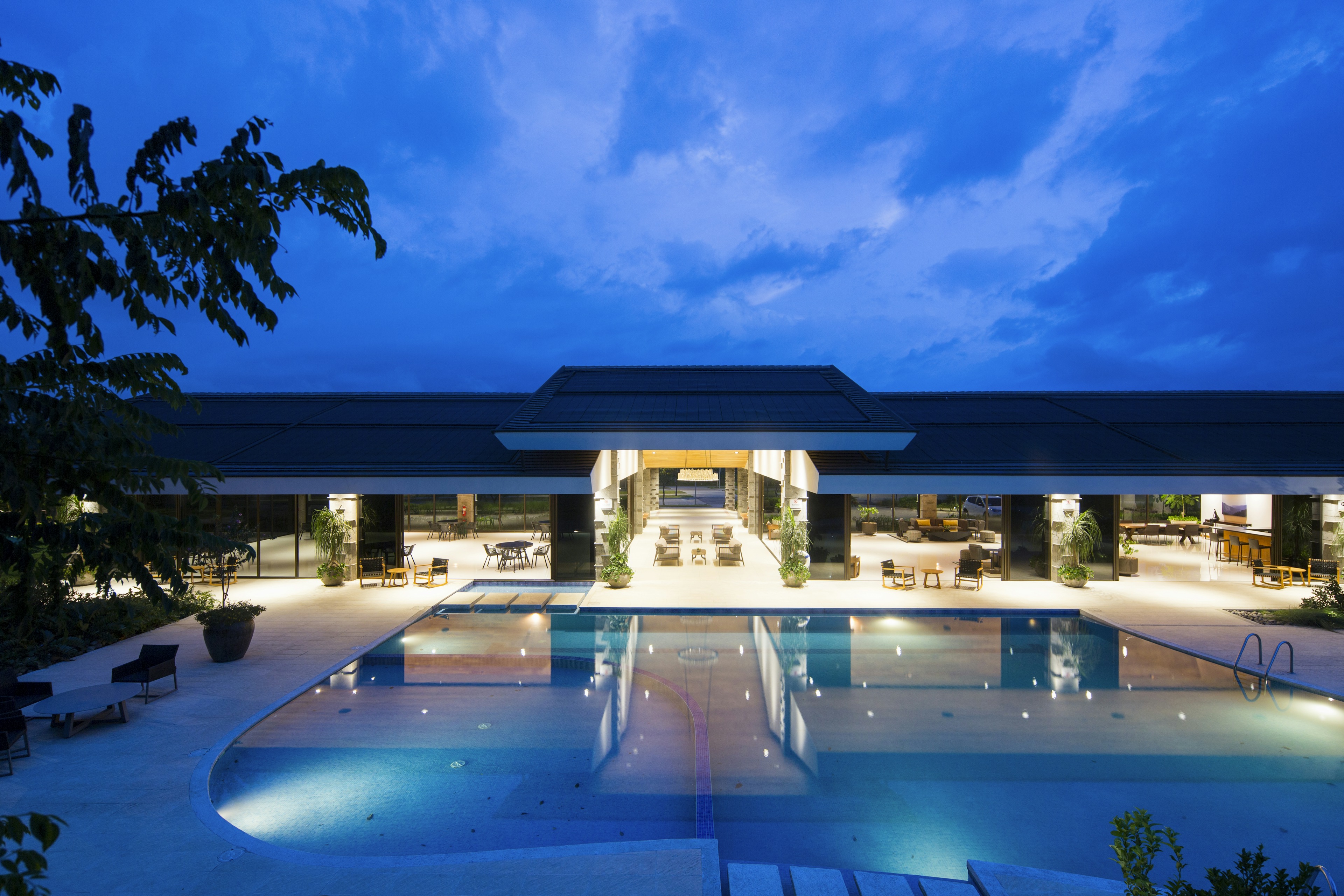 Refined resort pool with tropical palms and calm luxury seating