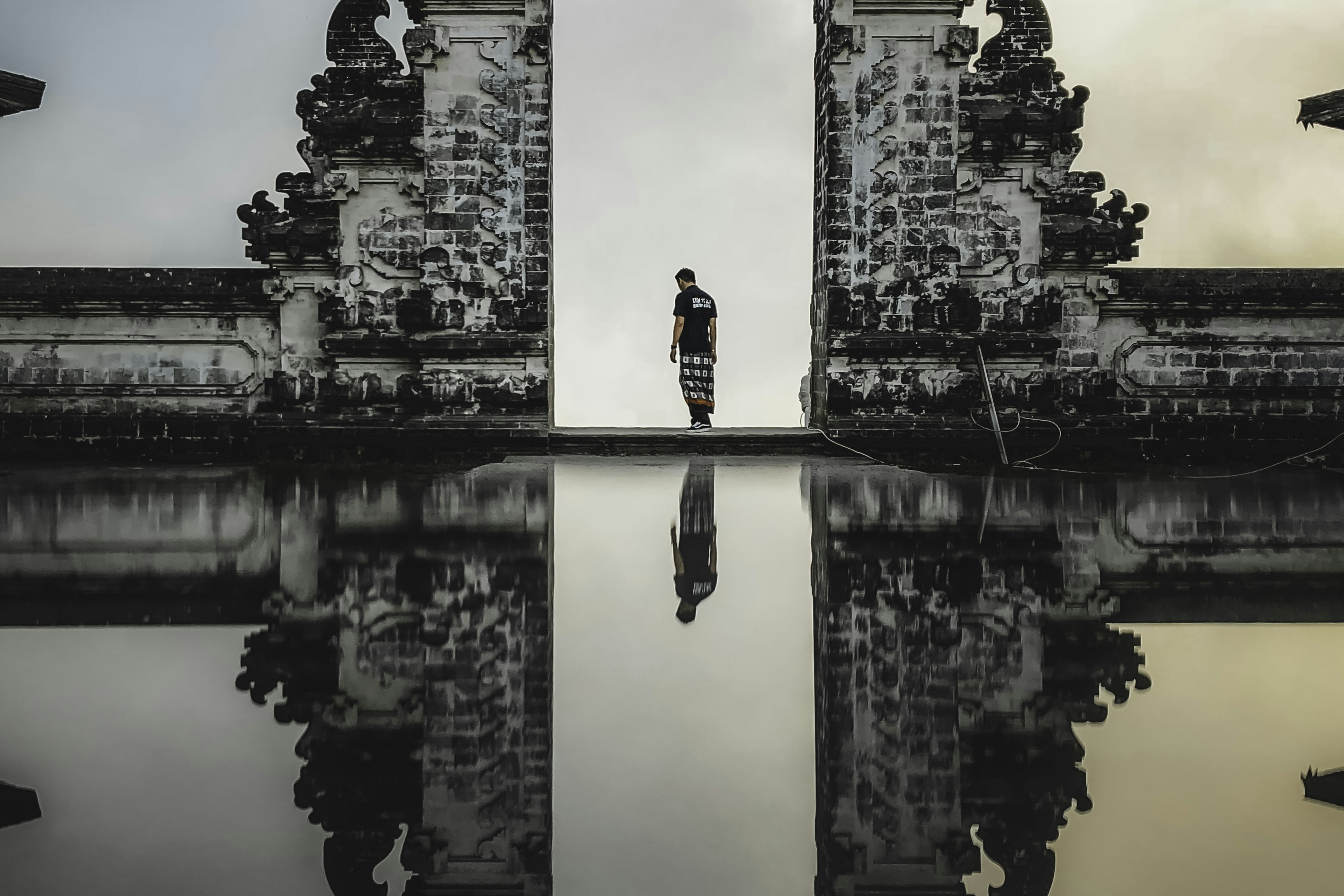 Heritage temple landscape with warm tropical light and water gardens